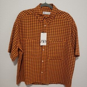 Zara Orange and Brown Plaid Shirt
